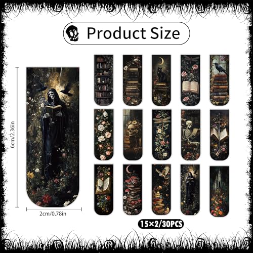 30PCS Dark Academia Magnetic Bookmarks Set, Aesthetic Gothic Skull Cat Rose Owl Book Mark Clips, Vintage Witchy Dark Romance Accessories for Women Men Students Book Lovers, 0.7×2.6in - style: Dark Academia 02