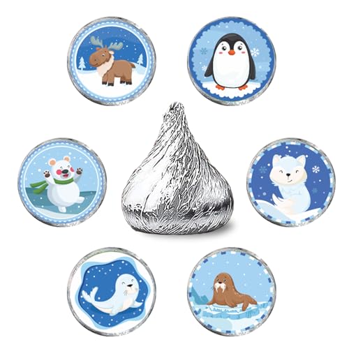 Polar Animals Kiss Sticker Labels - Polar Bear, Seal, Penguin and Arctic Fox Round Candy Sticker Favors for Party Labels Fit Chocolate Candy (Set of 150) - color: Polar Animals