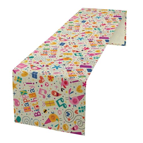 Birthday Table Runner, Dotted Spirals Stars Hearts Musical Notes Surprise Present Boxes Pattern Smil Decor Dining Room Kitchen Runner Fabric Linens 13x36in - color: Happy Birthday-2, size: 13x36 Inch