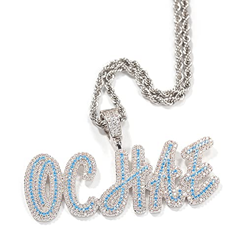 Lulu Mel Iced Out Personalized Cursive Name Necklace For Trendy Women, Custom Handmade Nameplate Pendant With Cuban Link Chain, White Gold Plated Hip Hop CZ Diamond Jewelry Gifts - color: Silver&Blue