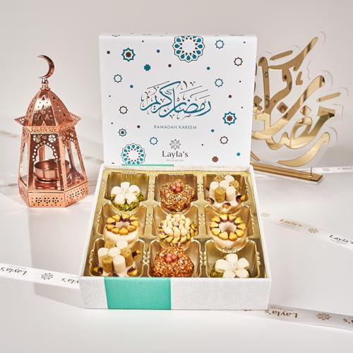 Layla’s Delicacies Mediterranean Treats Gift Box for Ramadan Mubarak - Handmade Healthy Mixed Nutty Flavors Pastries - Halal, Vegetarian, Gluten Free - 9 Bite-Size Treats - color: Ramadan Gift Box, size: 9 Count (Pack of 1)