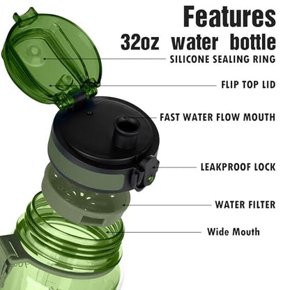 OLDLEY Water Bottle 32oz, Durable and Leakproof Water Bottles Motivational with Time Marker, Tritan, BPA Free, Wide Mouth, Gym, Travel, Home, School, Office, Olive - color: Olive