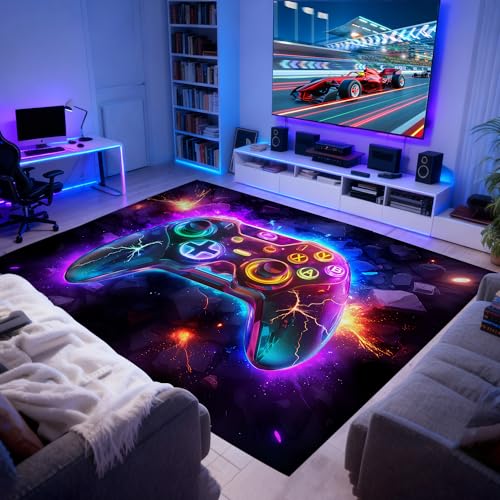 6x9 ft Neon Gaming Area Rug for Boys Room, Colorful Game Controller Carpet for Gamer Room Decor, Low Pile Non-Slip Video Game Rug for Teens Playroom or Game Zone - 03 - size: 6x9 ft