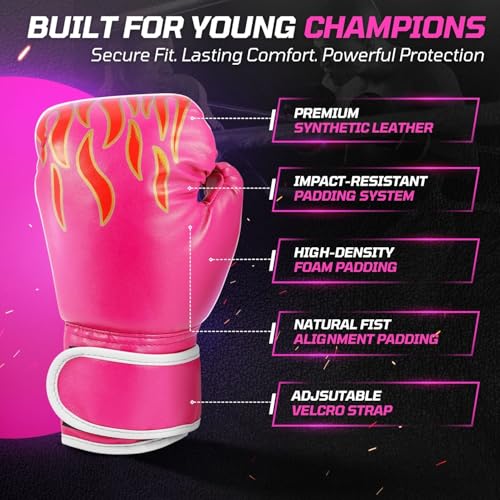 Flexzion Boxing Gloves for Kids 4oz – Training Punching Bag Mitts, Kid Boxing Gloves with Faux Leather & Wrap-Around Wrist Protection for Boys & Girls Ages 3-8 Years - color: Pink Blaze