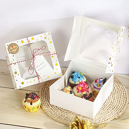 24 Pack 6X6X3 Christmas Cookie Boxes for Gift Giving Gold Foil Star White Bakery Boxes with Window 6 Inch Small Treat Boxes for Mini Cake Pastry Dessert Cupcakes Candy Donut Packaging - color: Gold Star-White