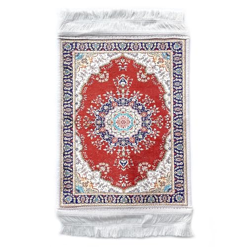 Foldable Muslim Small Prayer Mat for Head Portable Classic Pattern Islamic Small Prayer Rug Salah Carpet Mat with Tassel - color: Red