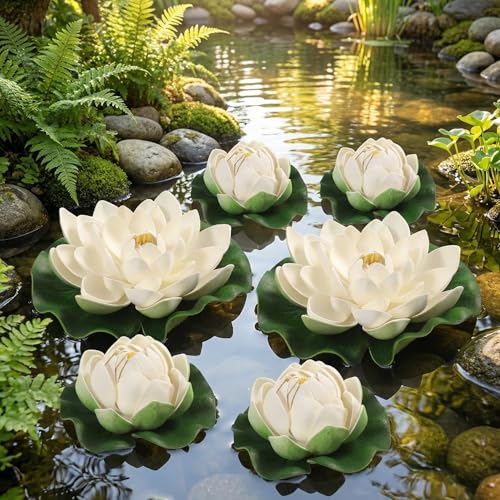 TOYANDONA 6pcs White Artificial Floating Lotus Flowers 7 Inch Lily Pads 2 Large(18cm) + 4 Small(10cm) Water Lily Pads Floating Pond Plants for Pond Pool Home Aquarium Garden Wedding Decor