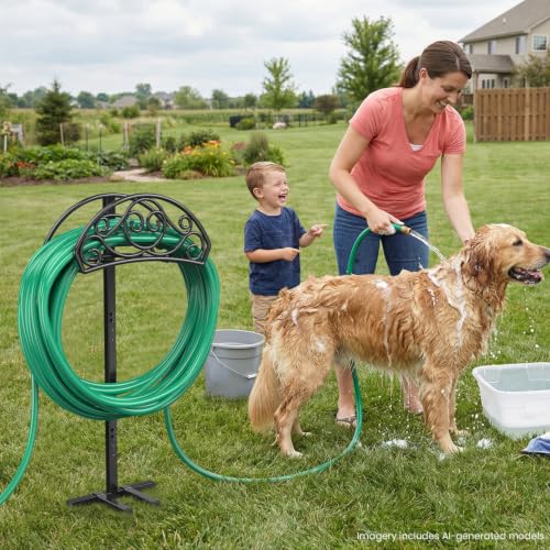 Sunvigor Garden Hose Holder, Heavy Duty Metal Hose Stand with 4 Spikes, Holds Up to 150FT Hose, No Drill Freestanding Hose Reel Alternative for Yard Lawn Outdoor - color: Black-vine Style