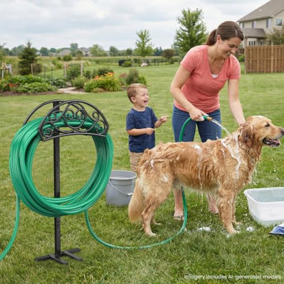 Sunvigor Garden Hose Holder, Heavy Duty Metal Hose Stand with 4 Spikes, Holds Up to 150FT Hose, No Drill Freestanding Hose Reel Alternative for Yard Lawn Outdoor - color: Black-vine Style