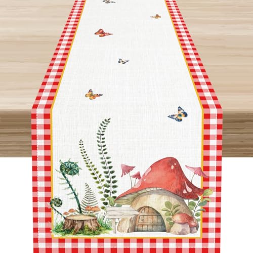 Mushroom Table Runner, Red Check Spring Summer Watercolor Floral Colorful Butterfly Forest Plants Seasonal Botanical Leaf Farmhouse Wildflowers Home Kitchen Dining Table Decoration 13"x36" - color: Tr-mushroom04, size: 13x36" Table Runner