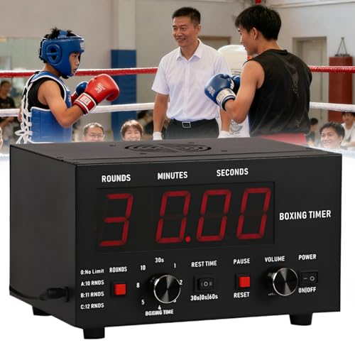 Classic Boxing Interval Timer, Professional Gymnastics Timer with LED Display, 1-12 Challenge Rounds and Adjustable Buzzer, 30S-10min Workout and 0/30/60S Rest Time, Red