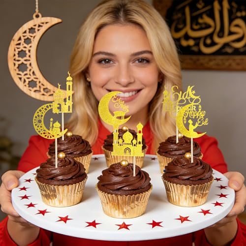 Eid Mubarak Cupcake Toppers, 24 PCS Gold Glitter Moon Star Happy Eid Cupcake Picks, Muslim Islamic Themed Food Toppers Cake Decorations for Eid Mubarak Ramadan Party Supplies