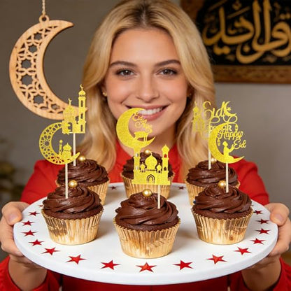 Eid Mubarak Cupcake Toppers, 24 PCS Gold Glitter Moon Star Happy Eid Cupcake Picks, Muslim Islamic Themed Food Toppers Cake Decorations for Eid Mubarak Ramadan Party Supplies
