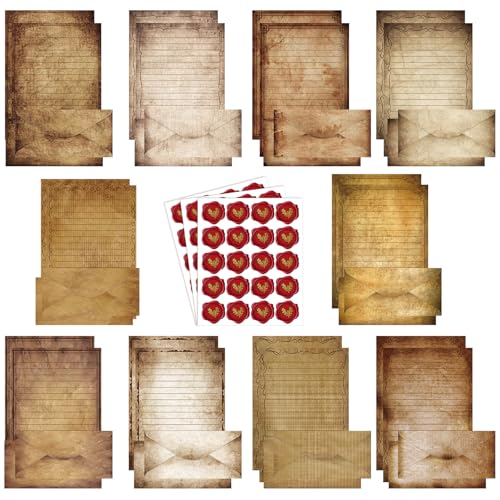 TaoBary 160 Pcs Stationery Paper Set 50 Double Sided Stationery Papers with 50 Matching Envelopes and 60 Round Dot Sticker, 10 Design(Vintage,8.5 x 11 Inch) - size: 8.5 x 11 Inch, style: Vintage
