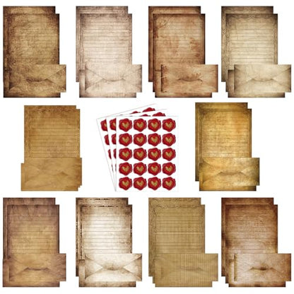 TaoBary 160 Pcs Stationery Paper Set 50 Double Sided Stationery Papers with 50 Matching Envelopes and 60 Round Dot Sticker, 10 Design(Vintage,8.5 x 11 Inch) - size: 8.5 x 11 Inch, style: Vintage