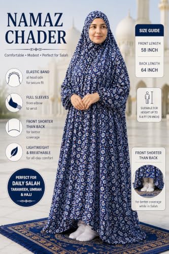 Women's Prayer Dress, One-Piece, Hibiscus Design, Lightweight, to be Worn Over Clothing, Free Size, 58 inch Front Length - color: Blue