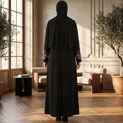 Women's Embroidered Sleeves Abaya and Embroidered On The Side of The Zipper Long Sleeve Floor Length Turkish Fashion - color: Black, size: X-Large