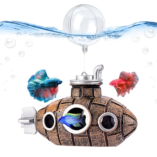 Floating Submarine Aquarium Decoration with 2 Float Balls | Resin Floating Submarine Ornament with 2 Clear Balls and Adjustable Line for Aquariums, Fish Tanks and Terrariums - size: 4.9'' Floating submarine