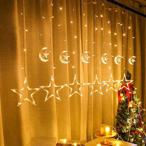 Led Curtain Lights Moon Star Light String 6.6ft Icicle Window Decoration 8 Modes Remote Control USB Power Indoor Outdoor Lighting Waterproof Warm White (Big Star) - size: Big Star