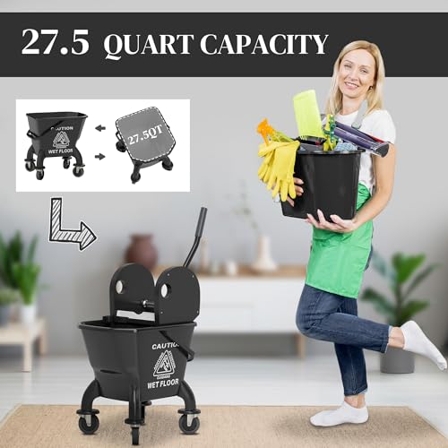 HOMCOM Mop Bucket with Wringer on Wheels, 27.5 Quart, with Mop, Black | Down Press Wringer, Handle and Mop, Floor Cleaning - color: Black, size: 27.5 Quart