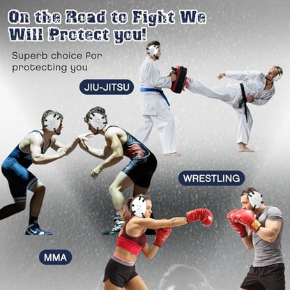 Halloscume Kids Wrestling Headgear with Adjustable Ear Guard Straps MMA Jiu Jitsu Grappling Protective Headgear for Youth Adults Men Women Comfortable Training & Tournament - color: White/Black