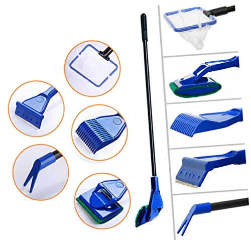 LIOOBO Five One Aquarium Fish Tank Brush Cleaning Kit Long Handle Fish Net Rake Scraper Clip for Effortless Cleaning of Aquariums Blue