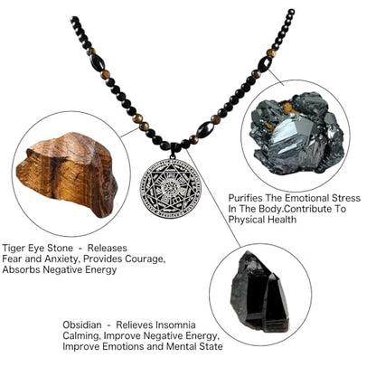 Ankh Cross Pendant Ancient Egyptian Hieroglyphic Symbol of Health and Eternal Life Men Cross Necklace with Tiger Eye Stone Obsidian Hematite Triple Protection Crystal Beads Chain - color: Seven Archangels-Silver