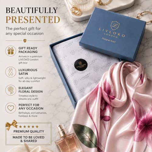 LONDON Women’s Satin Silky Scarf Gift Box Large Lightweight Silky Smooth Shawl Wrap for Hair, Head, Neck or Hijab - color: Red Floral - Box