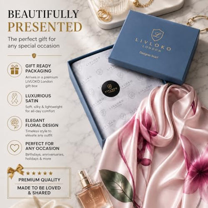 LONDON Women’s Satin Silky Scarf Gift Box Large Lightweight Silky Smooth Shawl Wrap for Hair, Head, Neck or Hijab - color: Red Floral - Box