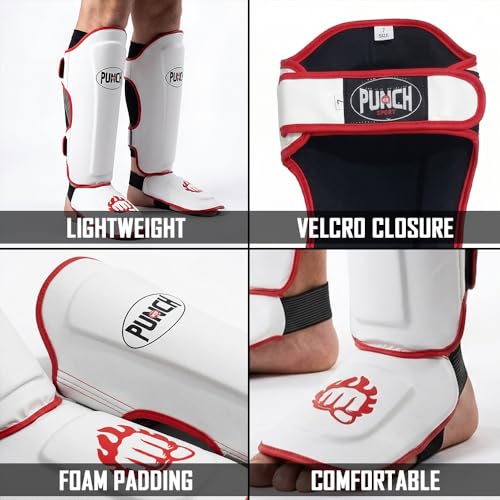 Punch Sports Martial Arts Shin Guards with Instep Protection – Lightweight Artificial Leather Shin & Leg Protector with Double Straps, Foam Padding for MMA, Kickboxing & Muay Thai - size: Medium