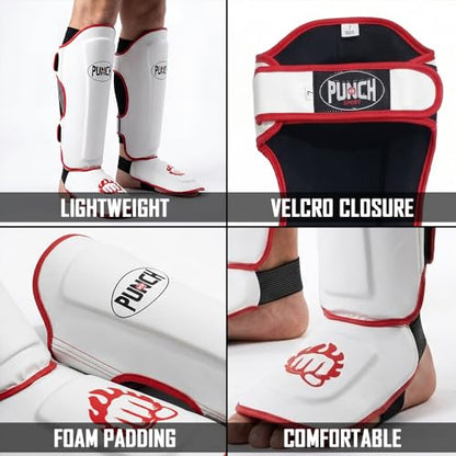 Punch Sports Martial Arts Shin Guards with Instep Protection – Lightweight Artificial Leather Shin & Leg Protector with Double Straps, Foam Padding for MMA, Kickboxing & Muay Thai - size: Large