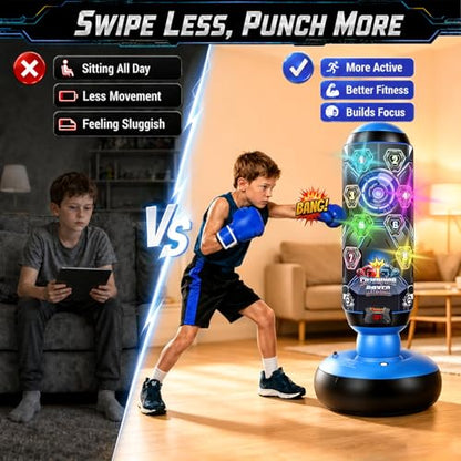 Punching Bag for Kids, 51-Inch Freestanding Inflatable Boxing Bag with Gloves & Pump, LED Lights, Music, Electronic Scoring and 4 Game Modes, Kids Boxing Set for Boys Girls Ages 4-12