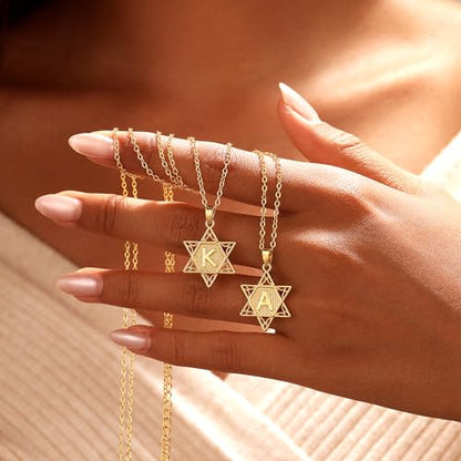 Gold Initial Necklaces for Women Dainty Pendant Letter Necklace 14K Gold Plated Jewish Star of David Religious Jewelry Personalized Gift Non Tarnish Waterproof 16.5-18.5 Inches - style: Initial E