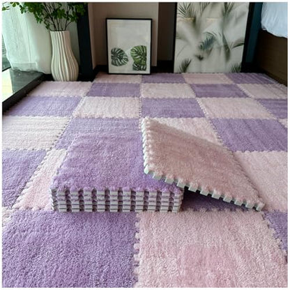 FYYSJW 10 Piece Plush Patchwork Foam Floor Mat, Soft Interlocking Floor Carpet Squares, Fluffy Puzzle Area Rug, 12 X 12 Inch,Purple+Pink - color: Purple+pink