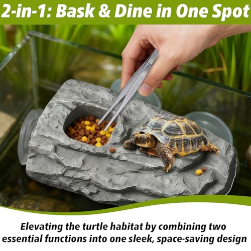 Turtle Floating Basking Platform with 3 Suction Cups & Water Bowl, Turtle Basking Platform with Feeding Tweezer for Frogs, Terrapins, Lizards(8.2×3.14×1.2 inch, Grey)