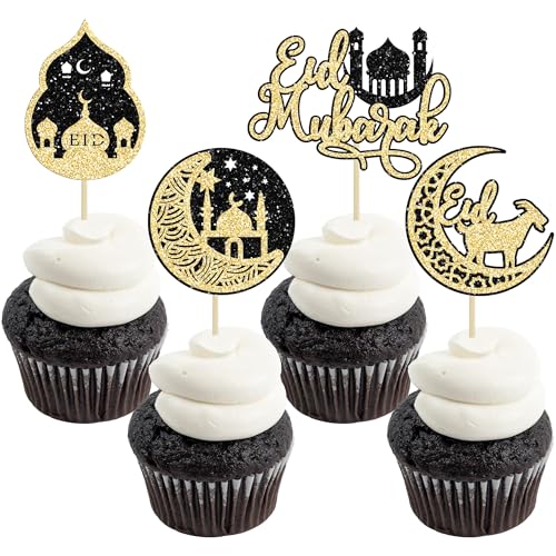 Ephlyn 24Pcs Eid Mubarak Cupcake Toppers Glitter Ramadan Kareem Happy Eid Cupcake Pick Decorations for Islamic Muslim Theme Party Supplies Black - color: Black-5