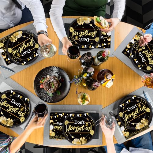 48Pcs We Will Miss You Paper Plates and Napkins Farewell Party Decorations Goodbye Party Supplies Black and Gold Going Away Disposable Tableware Set for Leaving Retirement Graduation Serve 24 - style: We Will Miss You