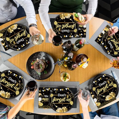 48Pcs We Will Miss You Paper Plates and Napkins Farewell Party Decorations Goodbye Party Supplies Black and Gold Going Away Disposable Tableware Set for Leaving Retirement Graduation Serve 24 - style: We Will Miss You