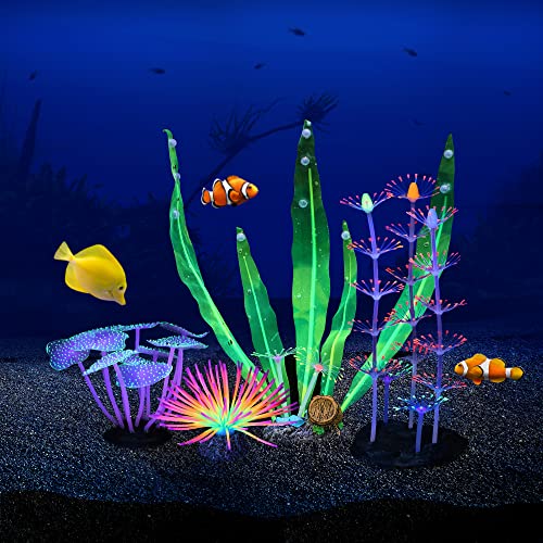 Glowing Fish Tank Decoration Aquarium Plants Accessories Kit #4 | Glowing Effect Fish Tack Decoration Accessories Including Coral Sea Urchin Ball Kelp Feather Coral Plant Aquarium Decor Kit - style: Coral+Sea Urchin Ball+Kelp+Feather Coral