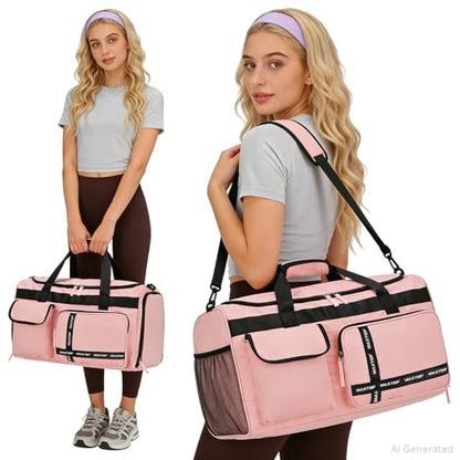 MAXTOP Gym Bag for Women Men Travel Duffle Bag Large Capacity Carry On Weekender Overnight Bag With Shoe Compartment Gym Tote Dry Wet Separation Duffel Bag for Travel - color: Pink Set, style: Gym Bag&toiletry Bag