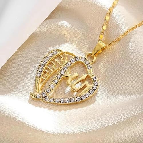 Exquisite Shining Zircon Love Heart Islamic Muslim Quran Allah Pendant Necklace for Women Fashion Hip Hop Ramadhan Jewelry