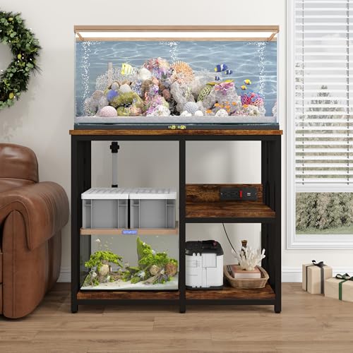 Heavy Duty 40-50 Gallon Aquarium Stand with Power Outlets, 3-Tier Adjustable Metal Fish Tank Stand with Storage Shelf for 5-10 Gallon Tanks, Reptile Terrariums & Supplies Organizer, 720LBS Capacity - color: Black + Brown