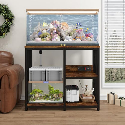 Heavy Duty 40-50 Gallon Aquarium Stand with Power Outlets, 3-Tier Adjustable Metal Fish Tank Stand with Storage Shelf for 5-10 Gallon Tanks, Reptile Terrariums & Supplies Organizer, 720LBS Capacity - color: Black + Brown