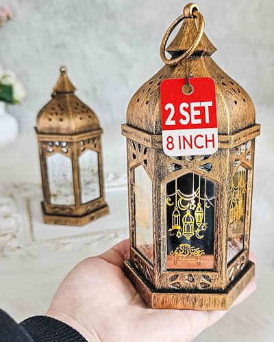 OLEEK Ramadan Lantern Lights (2PCs-8in)- Ramadan Decorations for Home 2026 - Ramadan Decor - Ramadan Lights - Ramadan Lanterns Decorative - Ramadan Lanterns for Kids - Ramadan Decoration فانوس رمضان - color: Bronze
