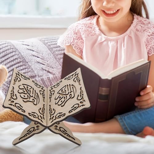 1Pcs Wooden Folding Book Stand with Carved Design | 13.8in/35cm Wide, Collapsible Holder for Quran & Bible, Hands-Free Reading, Home Decor, Portable Bookshelf