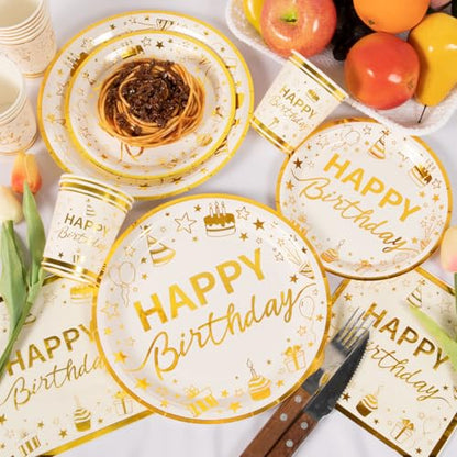 100 Pcs Gold Birthday Plates and Napkins Party Supplies with Golden Happy Birthday Party Dinnerware Set, Gold Birthday Paper Plates, Napkins and Cups for 25 Guests