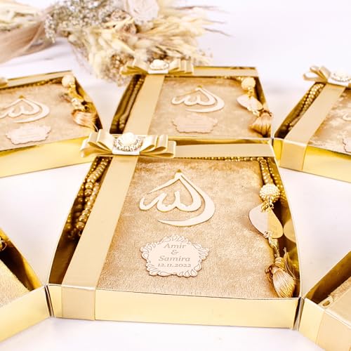 IEF Personalized Yaseen Dua Book Prayer Beads Islamic Gift Set, Ramadan Eid Wedding Birthday Anniversary Mother's Day Father's Day Gifts, Party Favors for Guests (Style-1) | Personalized Velvet Dua Book and Tasbeeh set - color: Gold