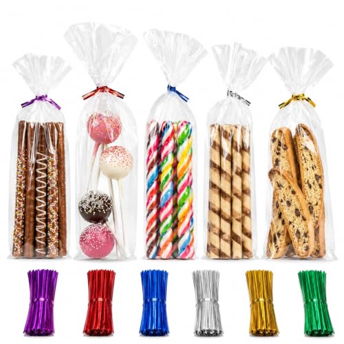 200 Clear Pretzel Rod Bags 3'' x 11'' (7.6 x 27.9cm) with Twist Ties 6 Mix Colors - 1.4 Mil Thick OPP Cello Bags for Decorated Pretzel Rods, Long Cookies, Candy Sticks and Dessert Tables - size: 3'' x 11''