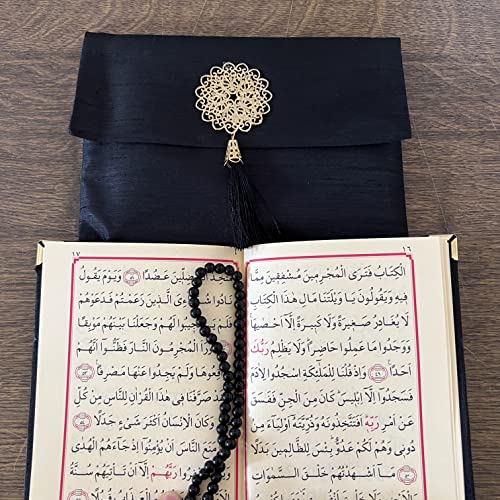 Muslim Prayer Rug, Bag&Yaseen Surah Pocket-Size Book, Bag&Prayer Beads Set I Perfect Islamic Gift I Prayer Rug Travel I Muslim for Men&Women I Soft Islamic Mat | Luxury Islamic Gifts (1 Set, Black) - color: Black, size: 1 Set