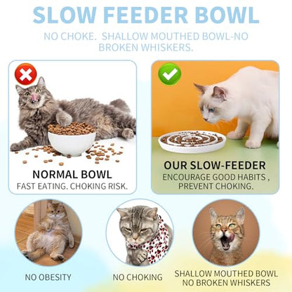 Ceramic Cat Slow Feeder,Shallow and Wide Opening Dish for Whisker Friendly,Anti Knocked Over Heavy Plate Bowls for Puppy Kitten Dry and Wet Food